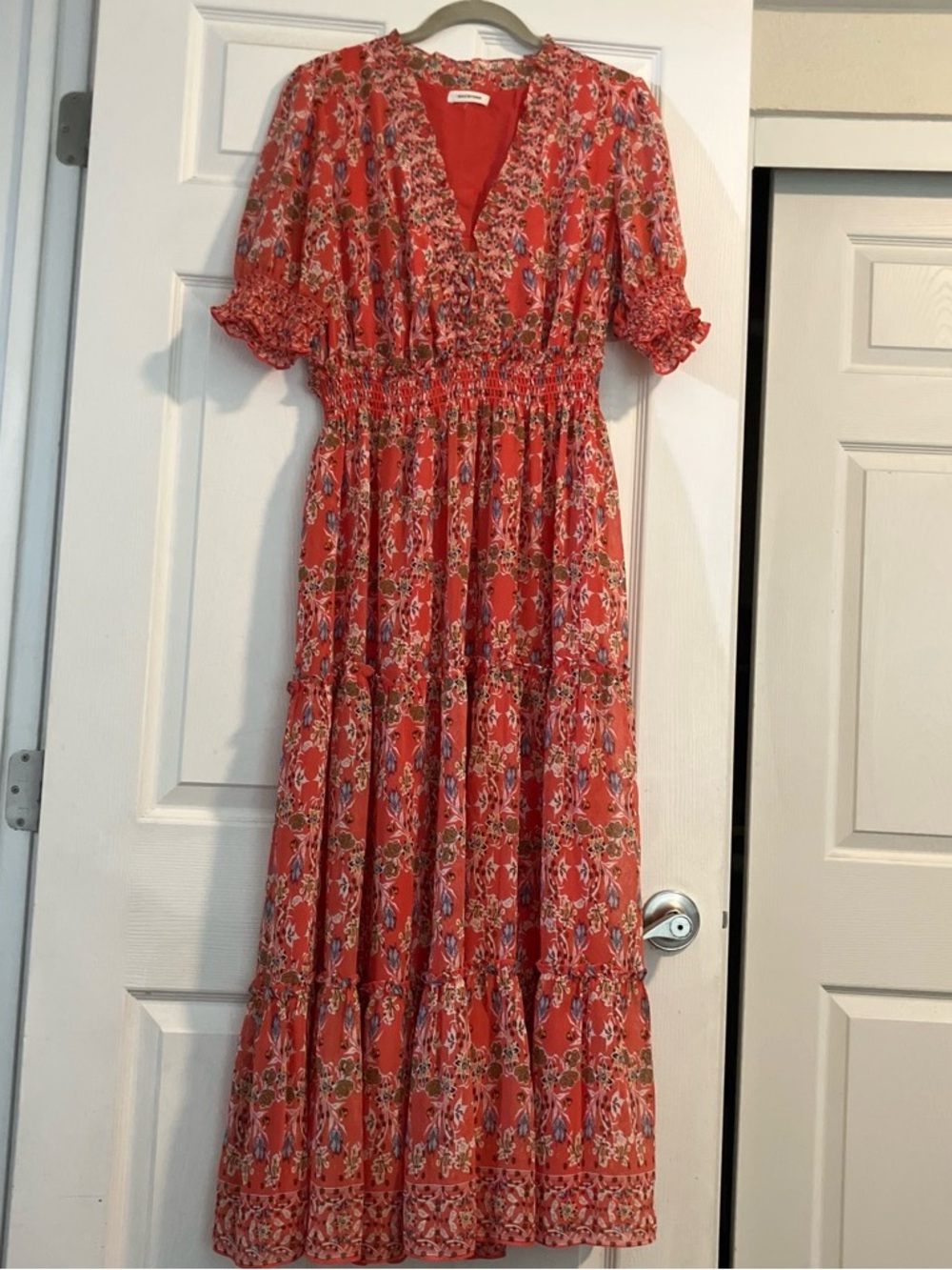 Max Studio Coral Floral Smocked Tiered Maxi Dress